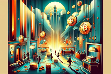 Colorful cityscape with Bitcoin symbols and people