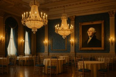 Elegant ballroom with chandeliers and blue decor