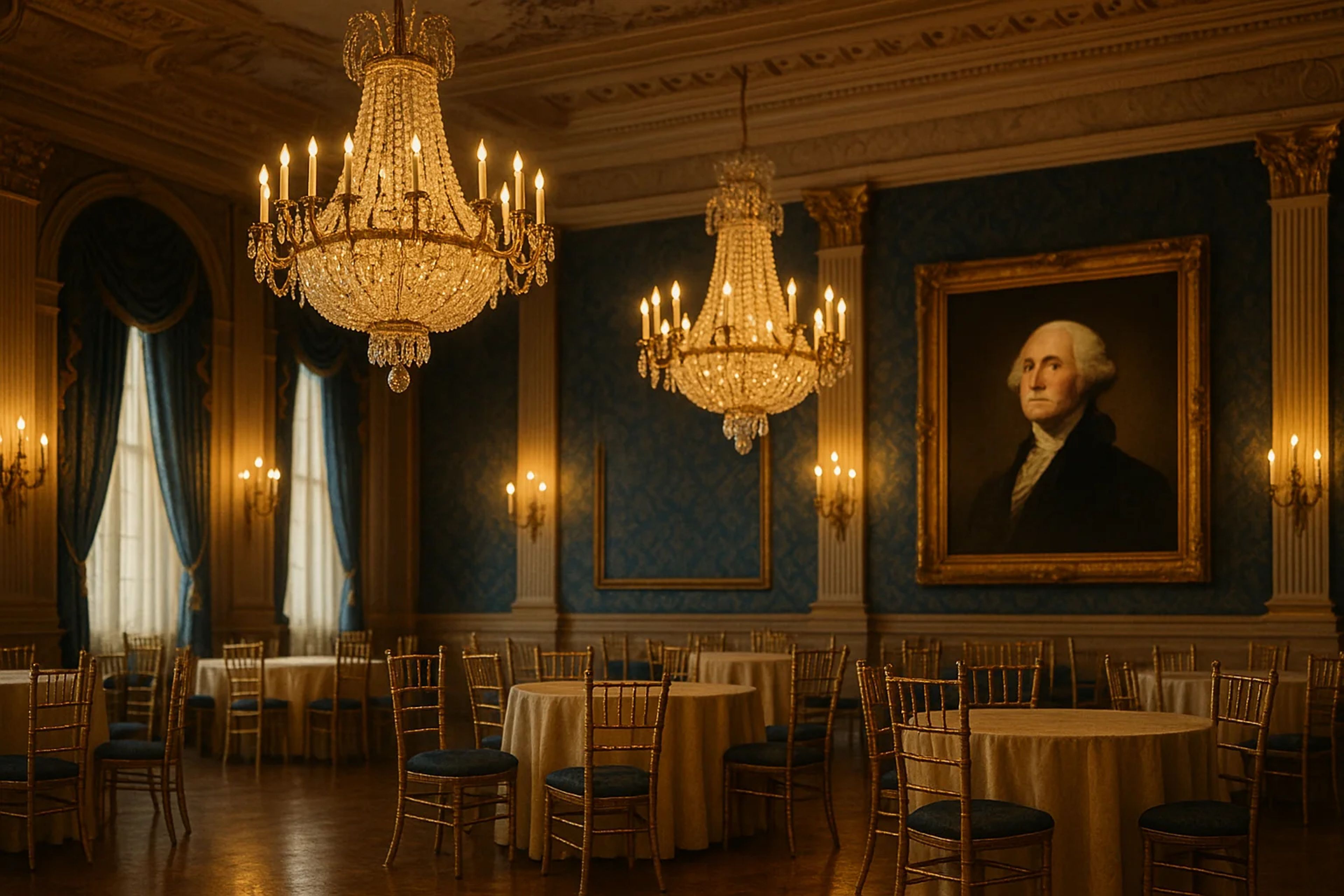 Elegant ballroom with chandeliers and blue decor