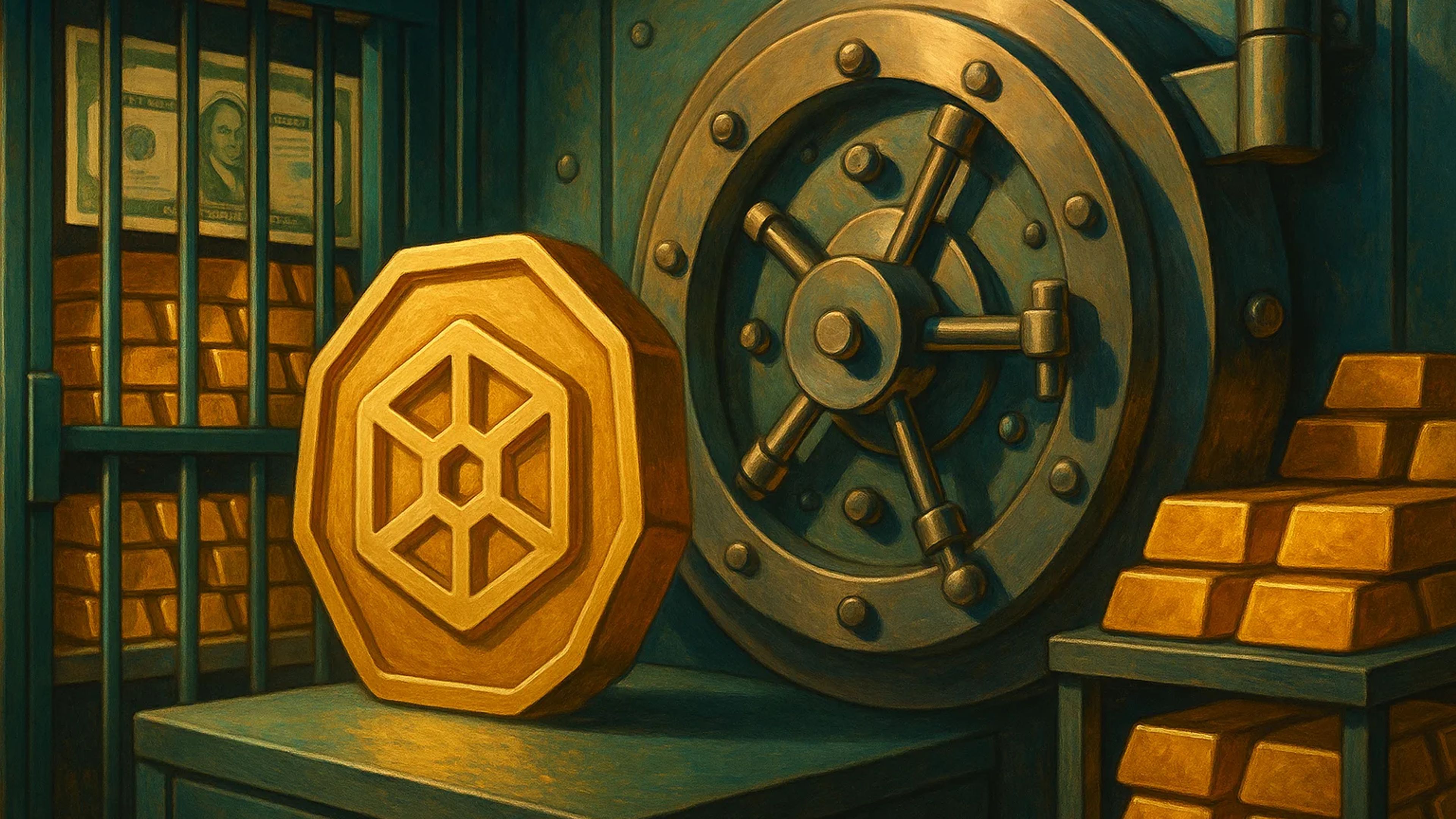 A bank vault with gold bars and a large safe