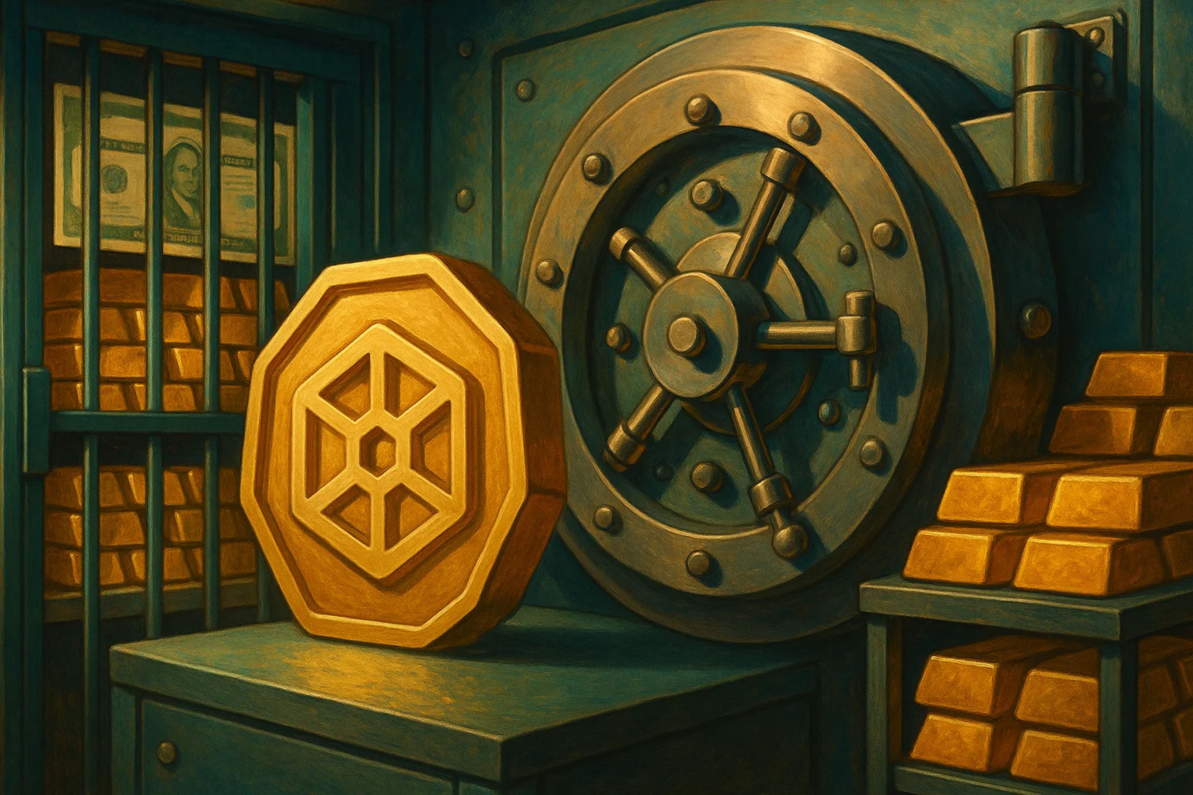 A bank vault with gold bars and a large safe