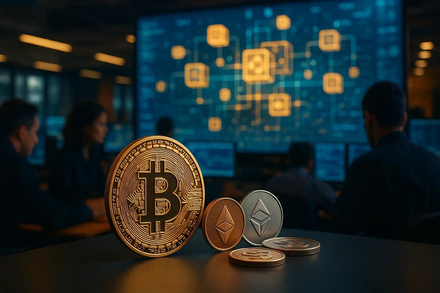 Gold Bitcoin and silver Ethereum coins in