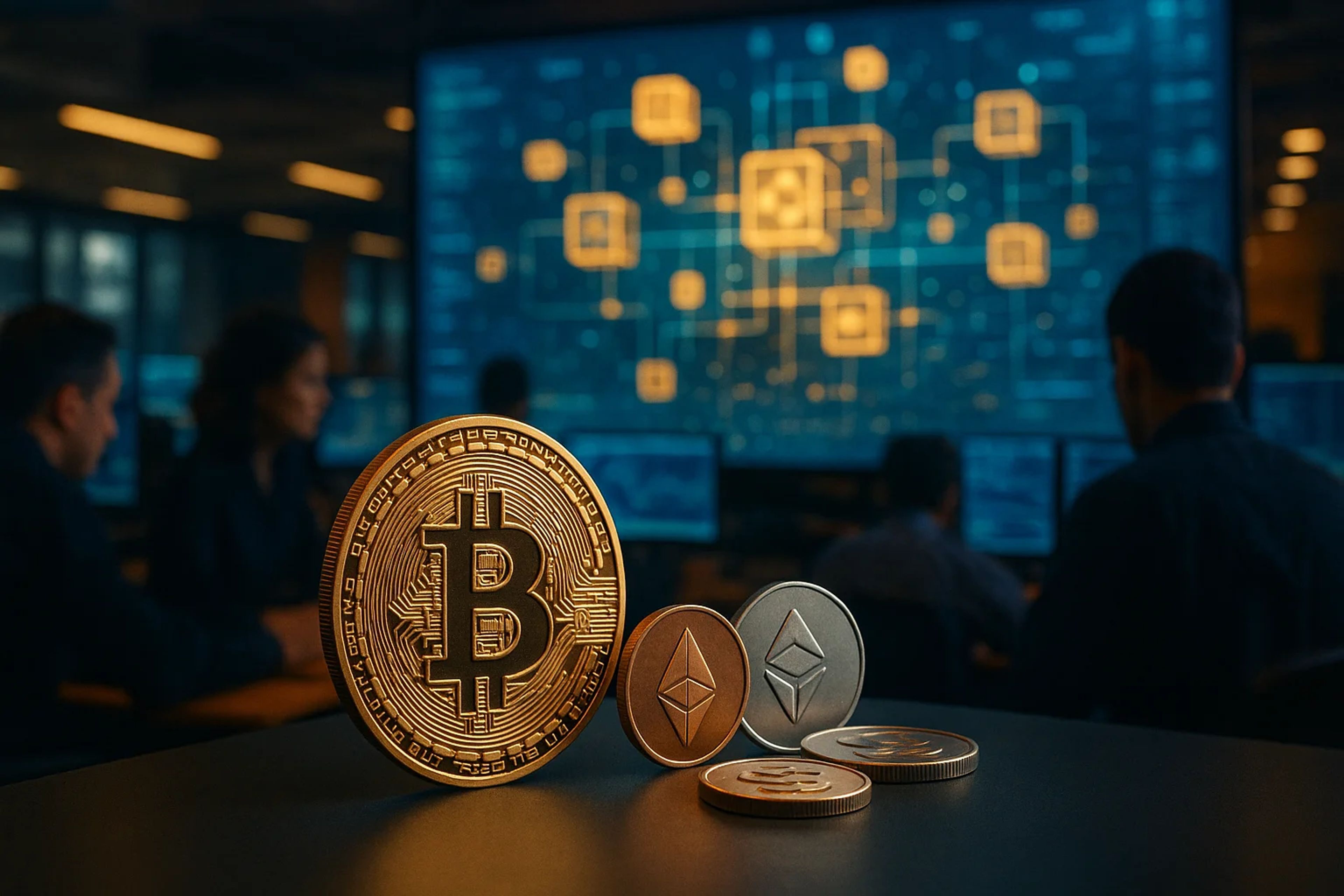 Gold Bitcoin and silver Ethereum coins in