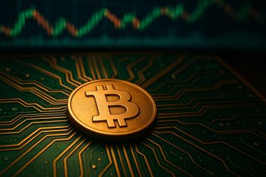 Close-up of a Bitcoin coin on a circuit board