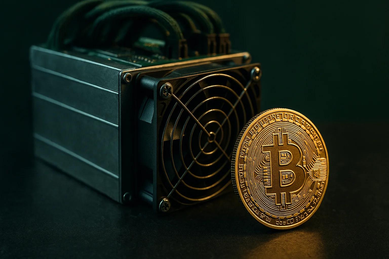 A Bitcoin coin next to a cryptocurrency mining