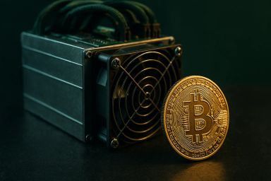 A Bitcoin coin next to a cryptocurrency mining