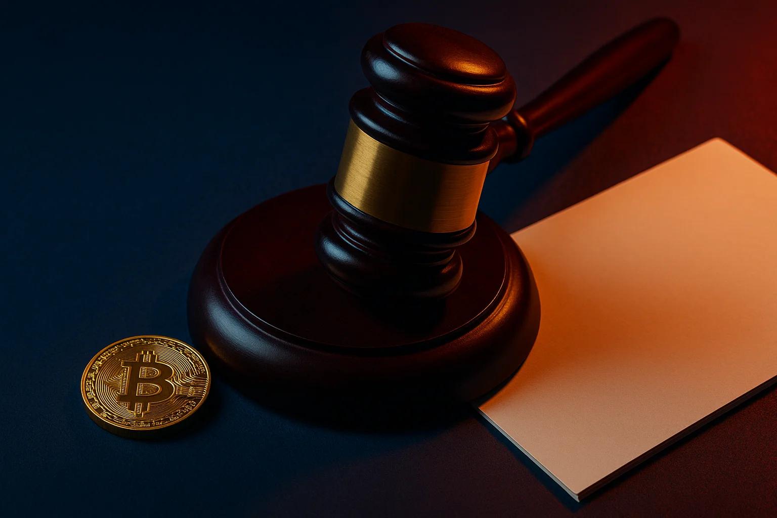 A gavel beside a Bitcoin coin and a blank card