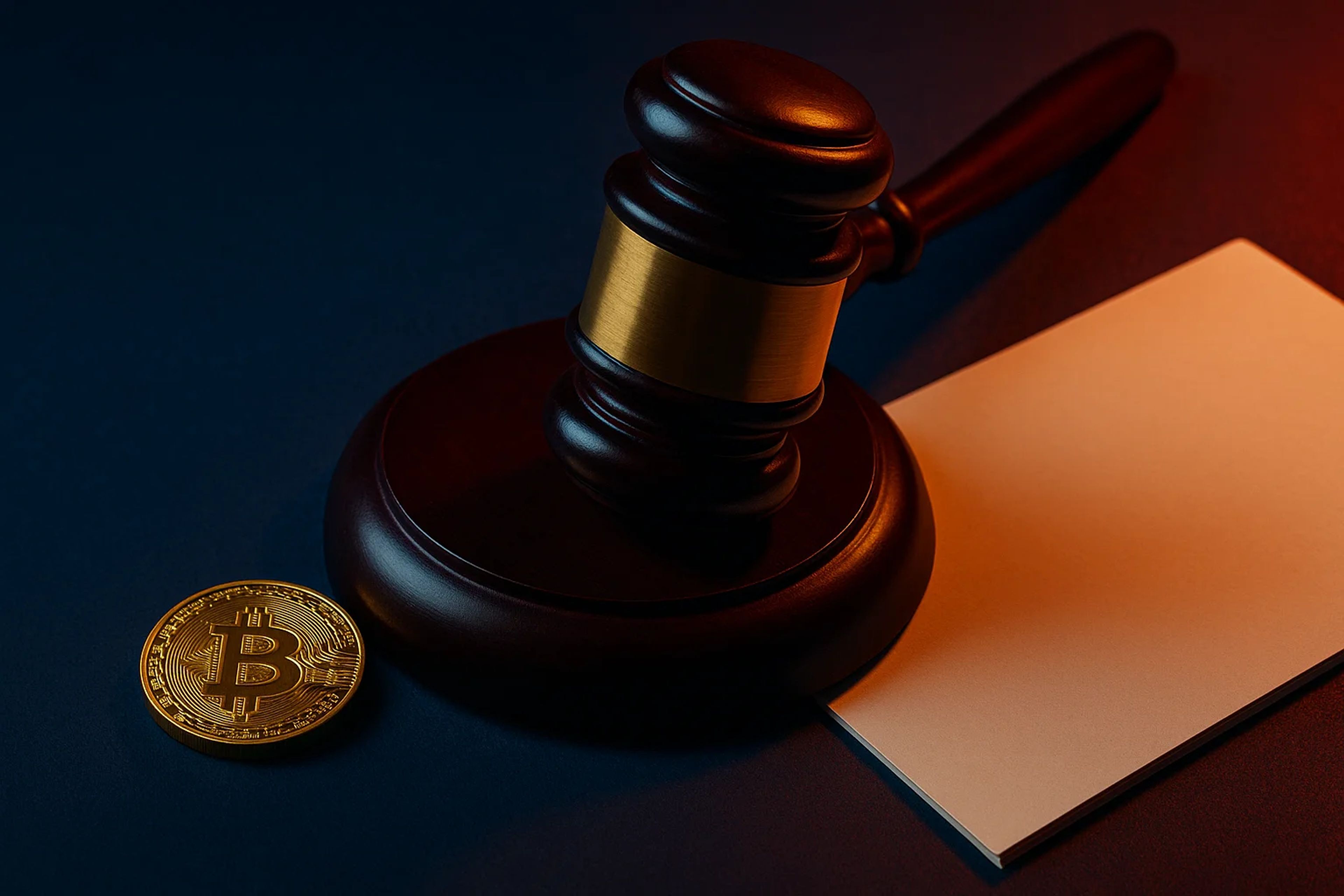 A gavel beside a Bitcoin coin and a blank card