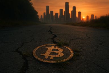 A cracked road with a Bitcoin symbol at sunset