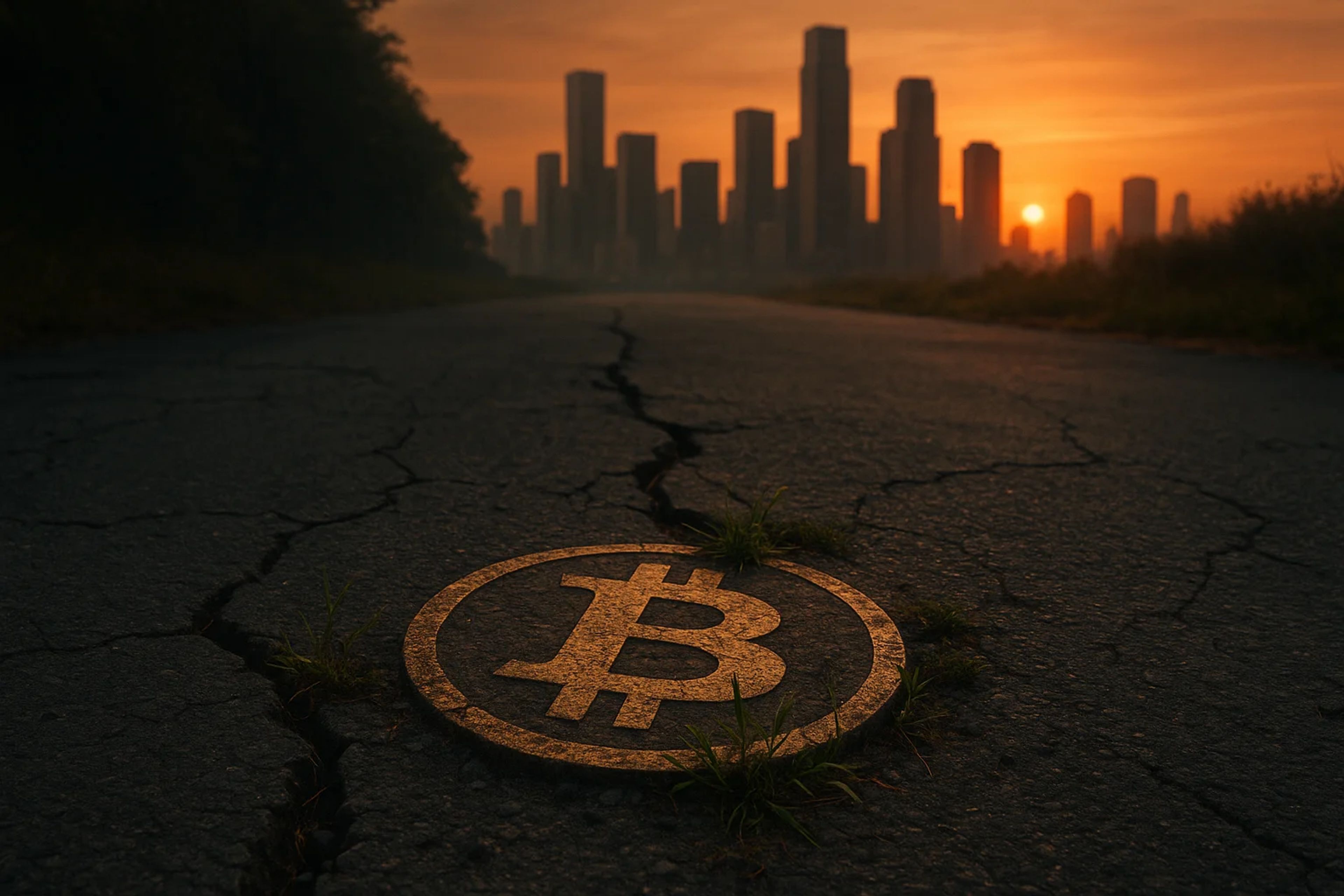 A cracked road with a Bitcoin symbol at sunset