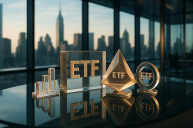 Clear awards with ETF inscriptions on a table