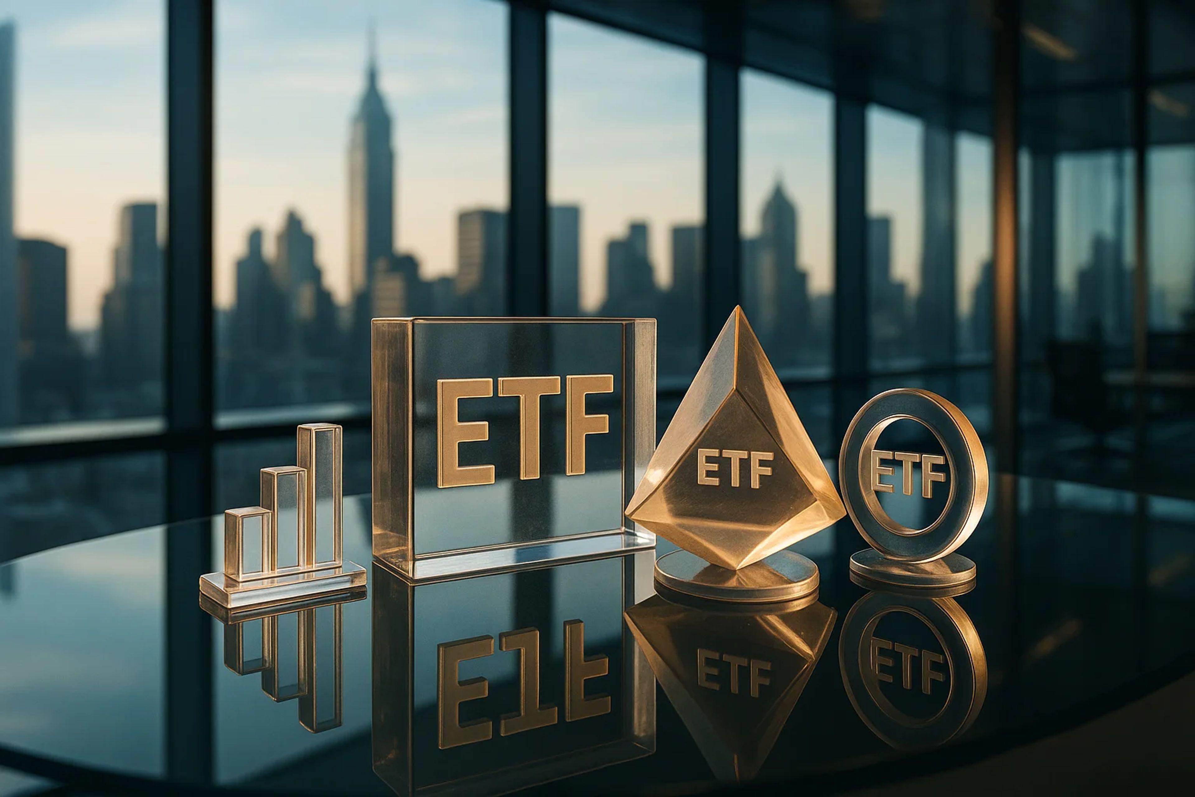 Clear awards with ETF inscriptions on a table