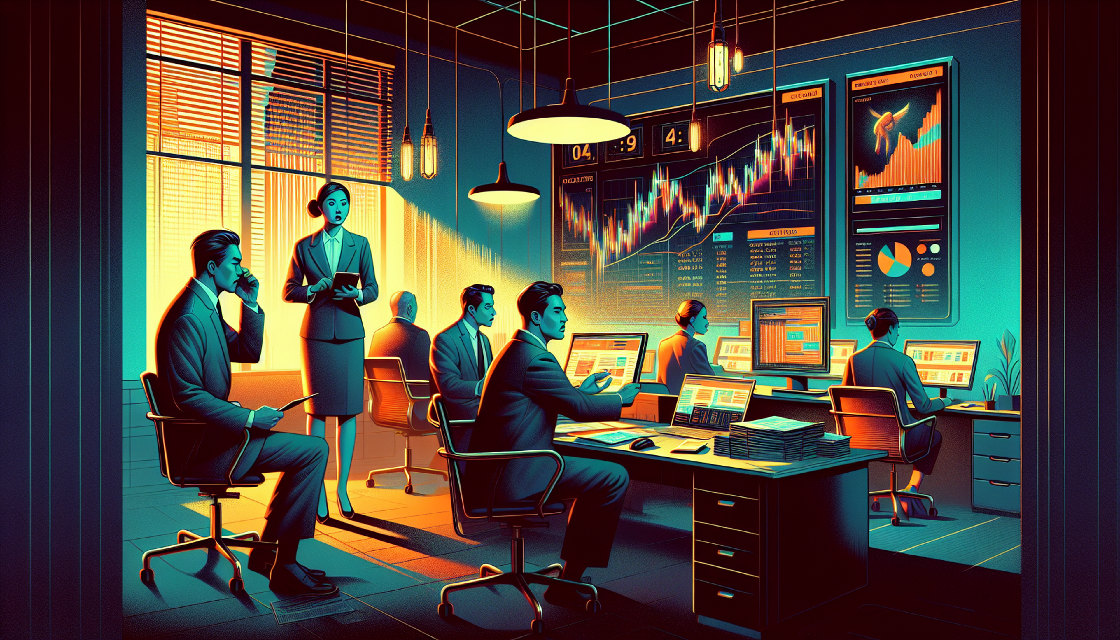 A modern office with several people working at