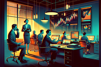 A modern office with several people working at