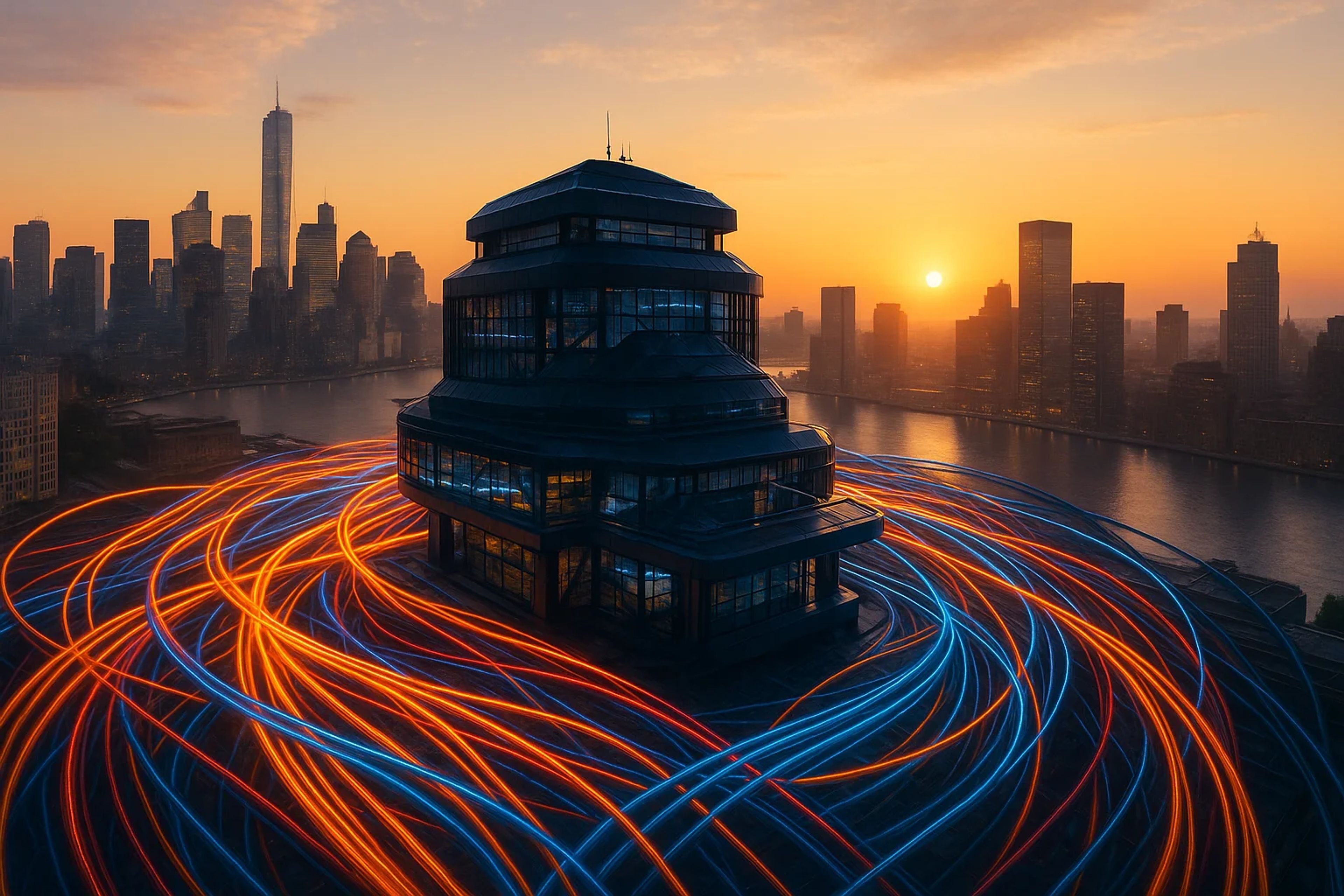 City skyline at sunset with light trails