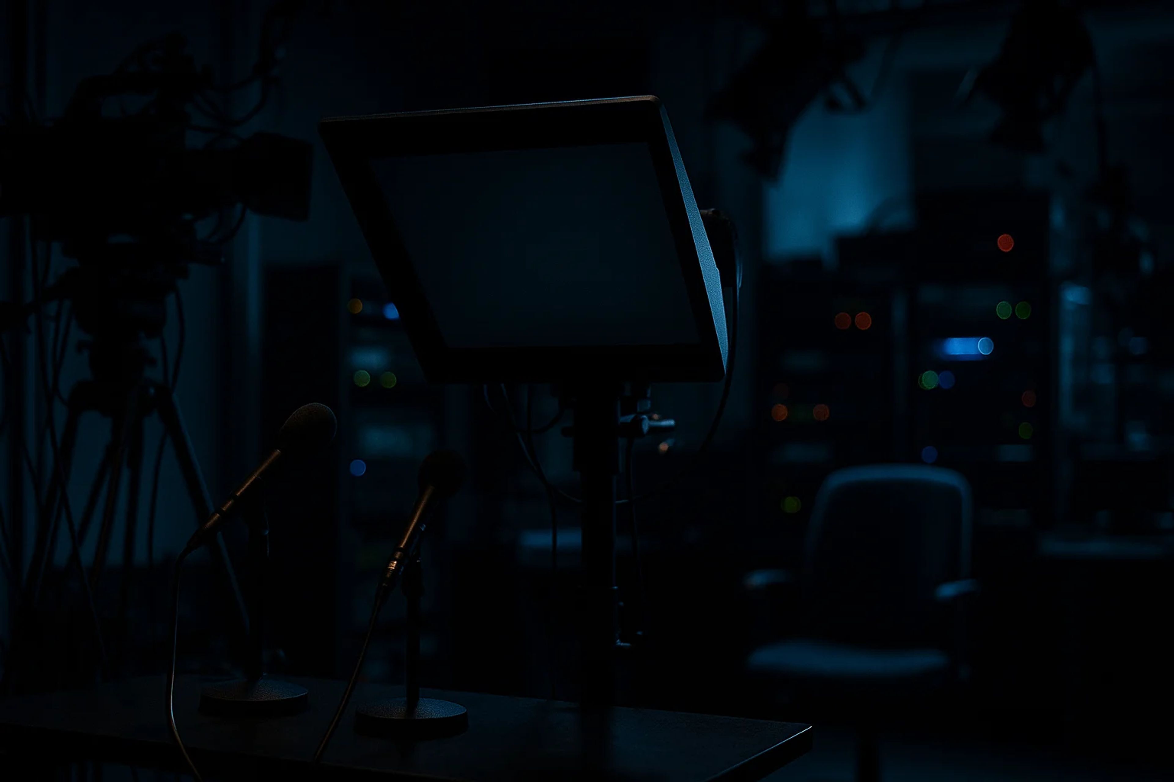 Dimly lit studio with a monitor and microphones