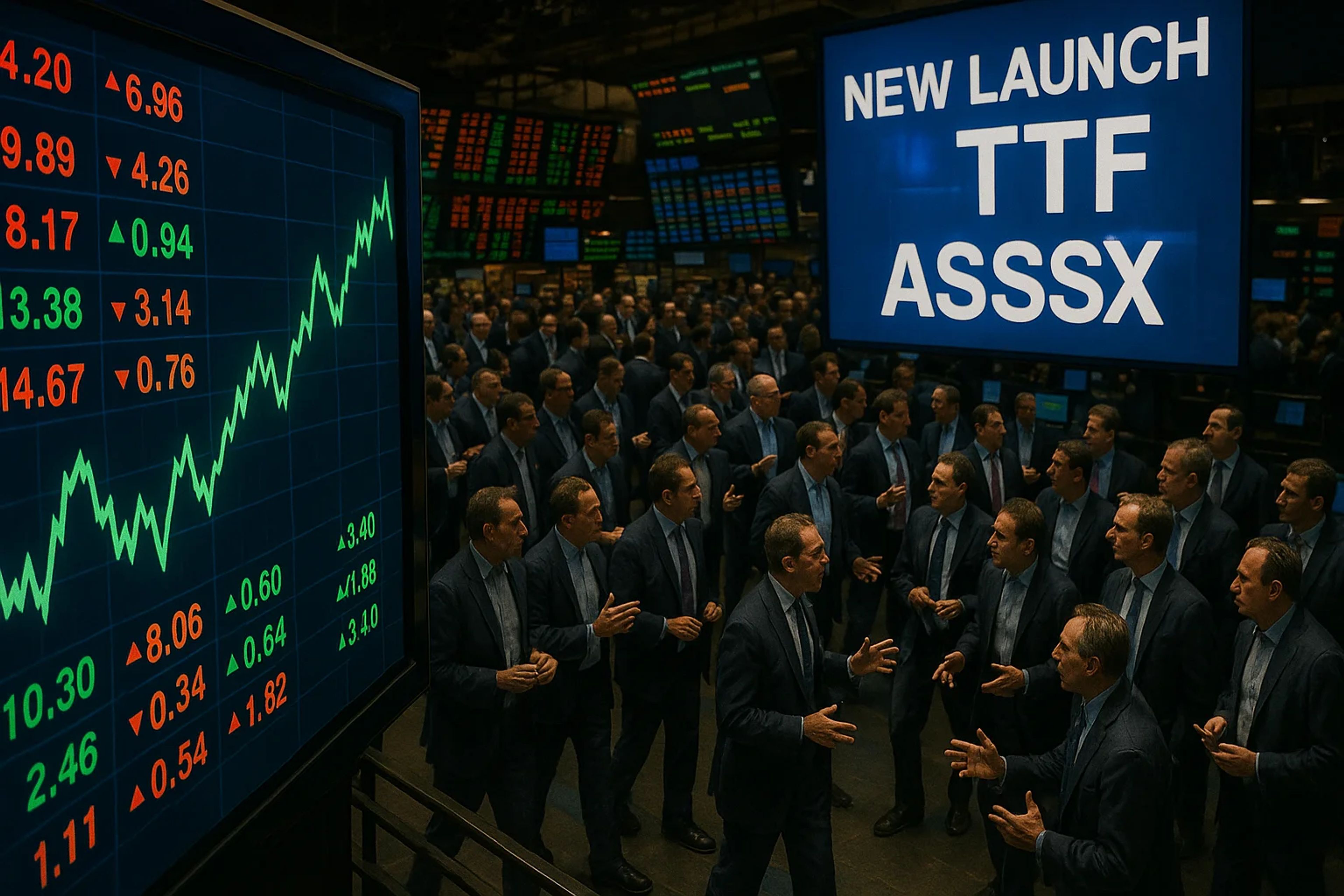 A bustling stock exchange with multiple screens