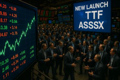 A bustling stock exchange with multiple screens
