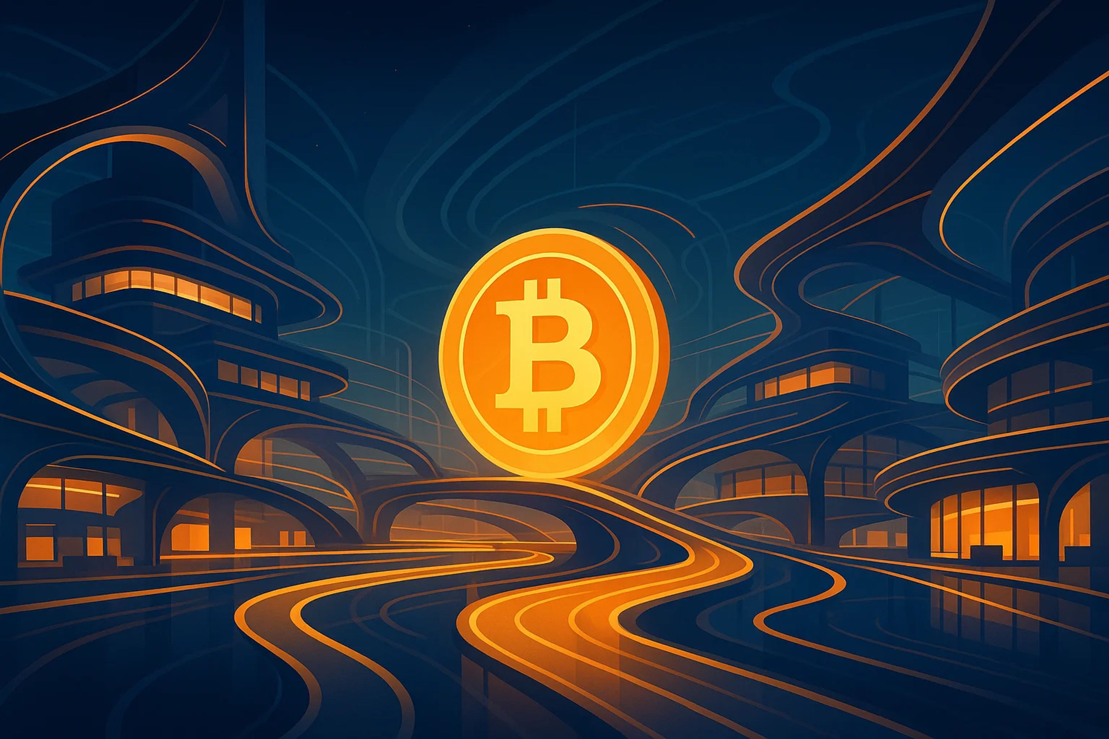 A glowing Bitcoin symbol in a futuristic cityscape