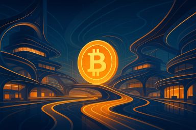 A glowing Bitcoin symbol in a futuristic cityscape