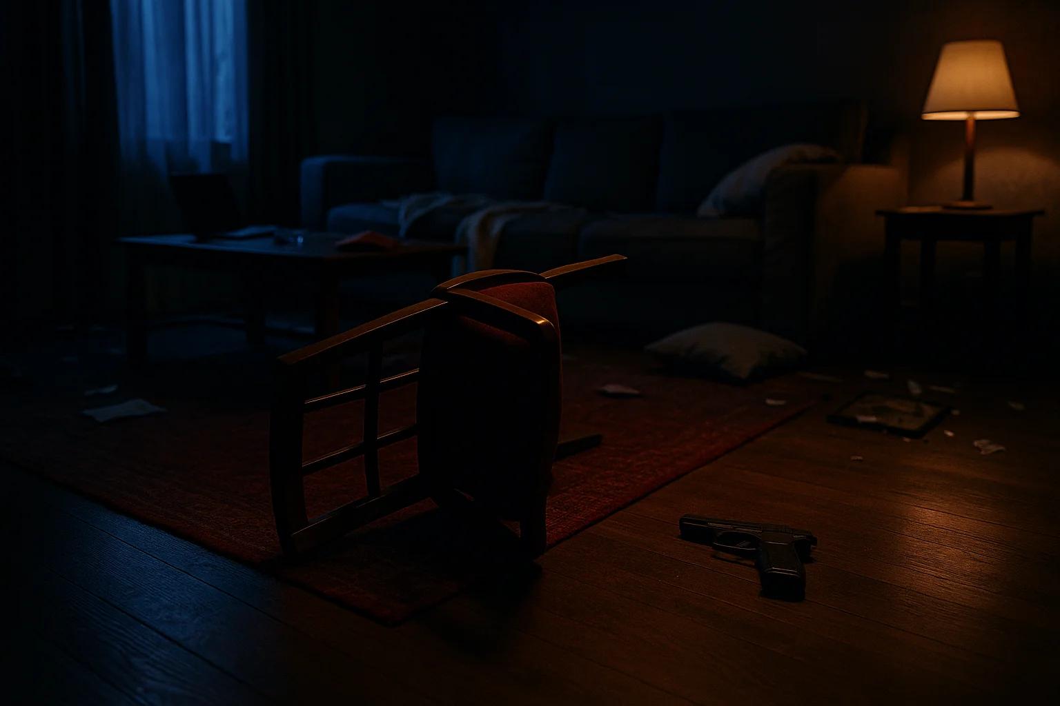 A dimly lit room with a tipped-over chair, a