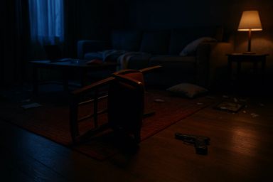 A dimly lit room with a tipped-over chair, a