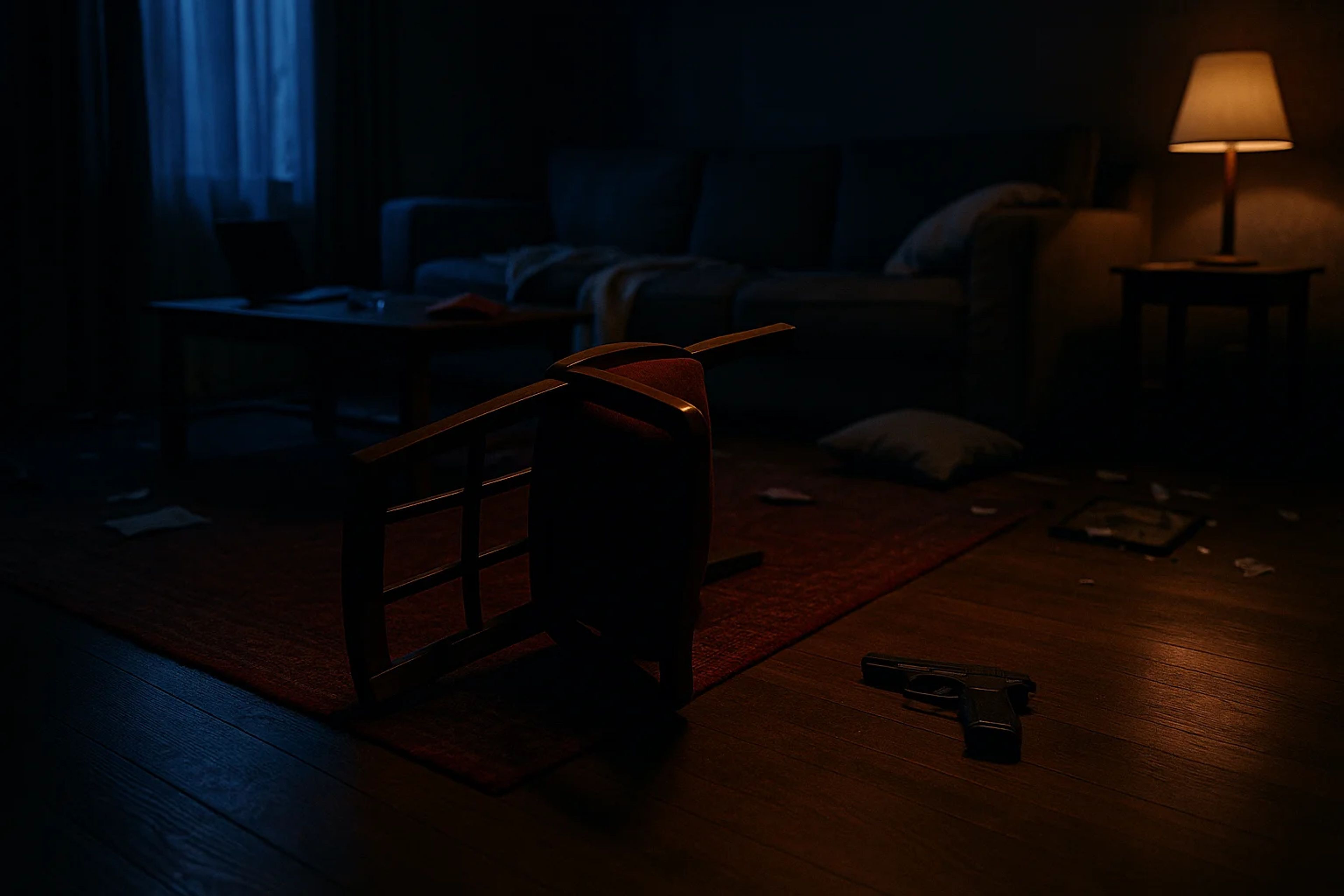 A dimly lit room with a tipped-over chair, a
