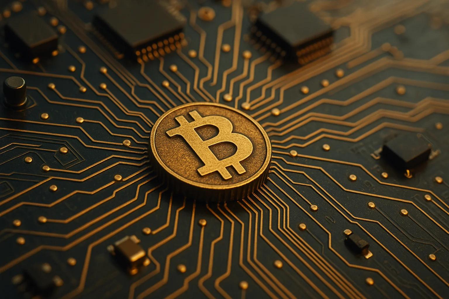A Bitcoin symbol on a circuit board with gold