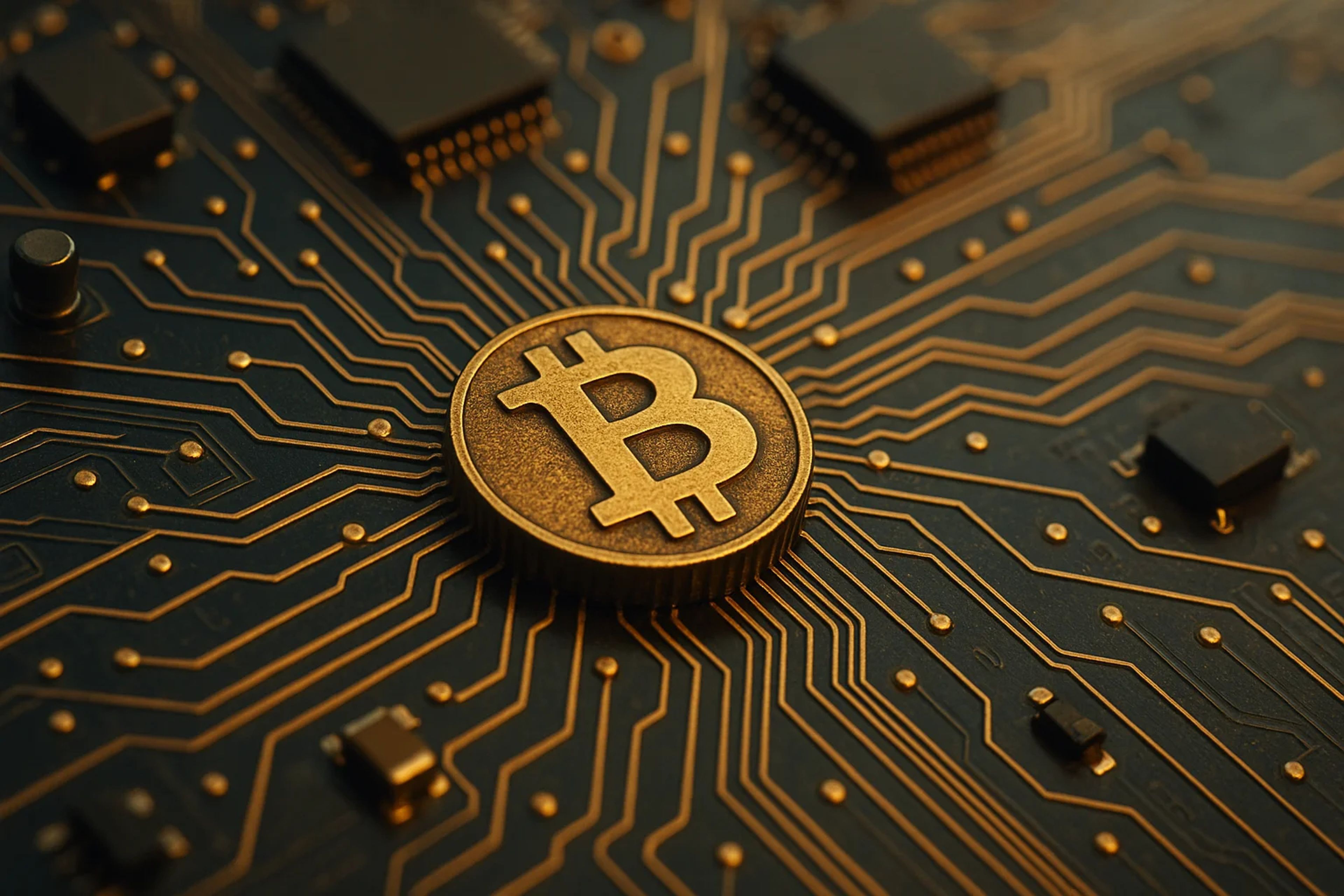 A Bitcoin symbol on a circuit board with gold