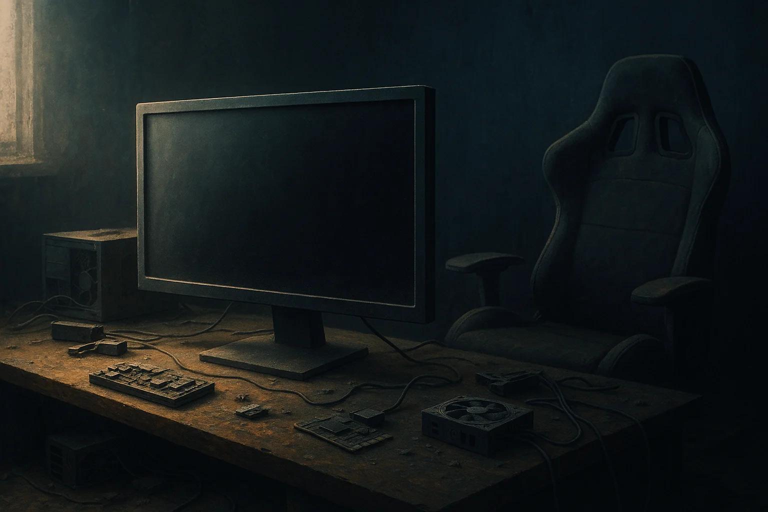 Dimly lit room with a dusty desk, monitor, and
