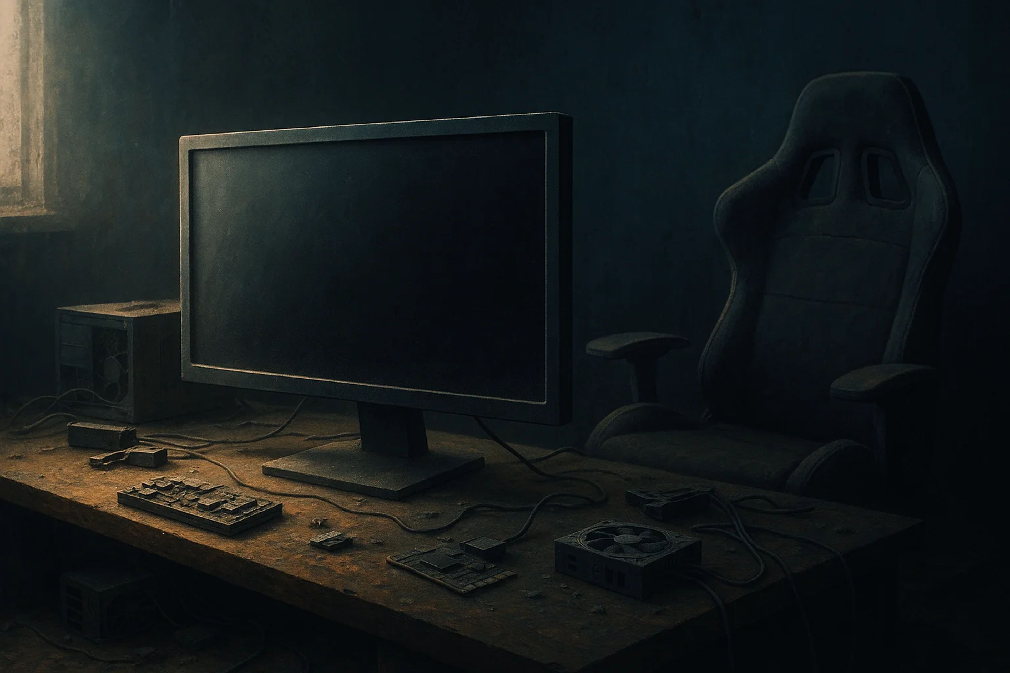 Dimly lit room with a dusty desk, monitor, and