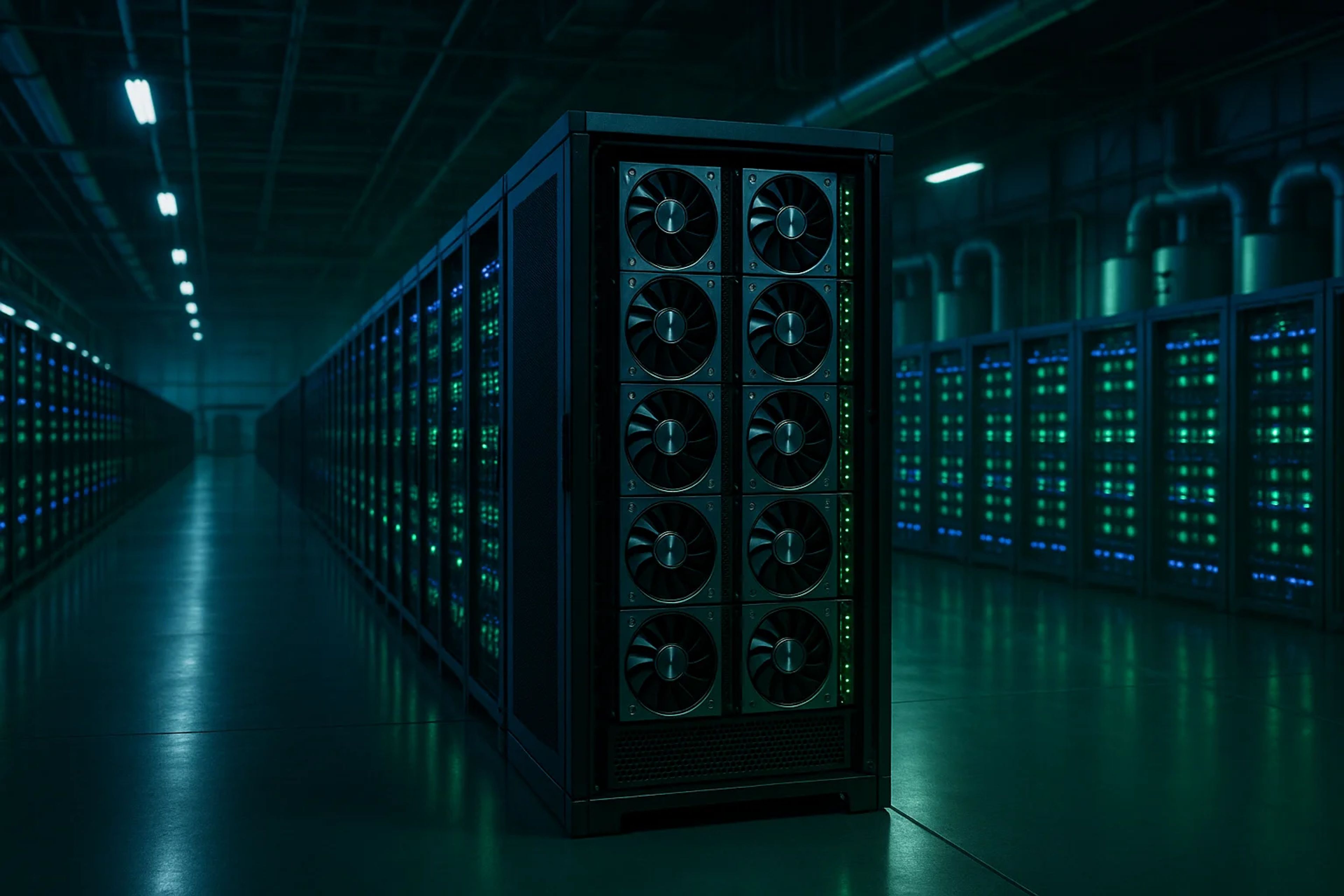 Dark server room with rows of illuminated servers