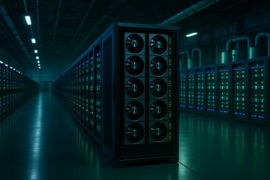 Dark server room with rows of illuminated servers