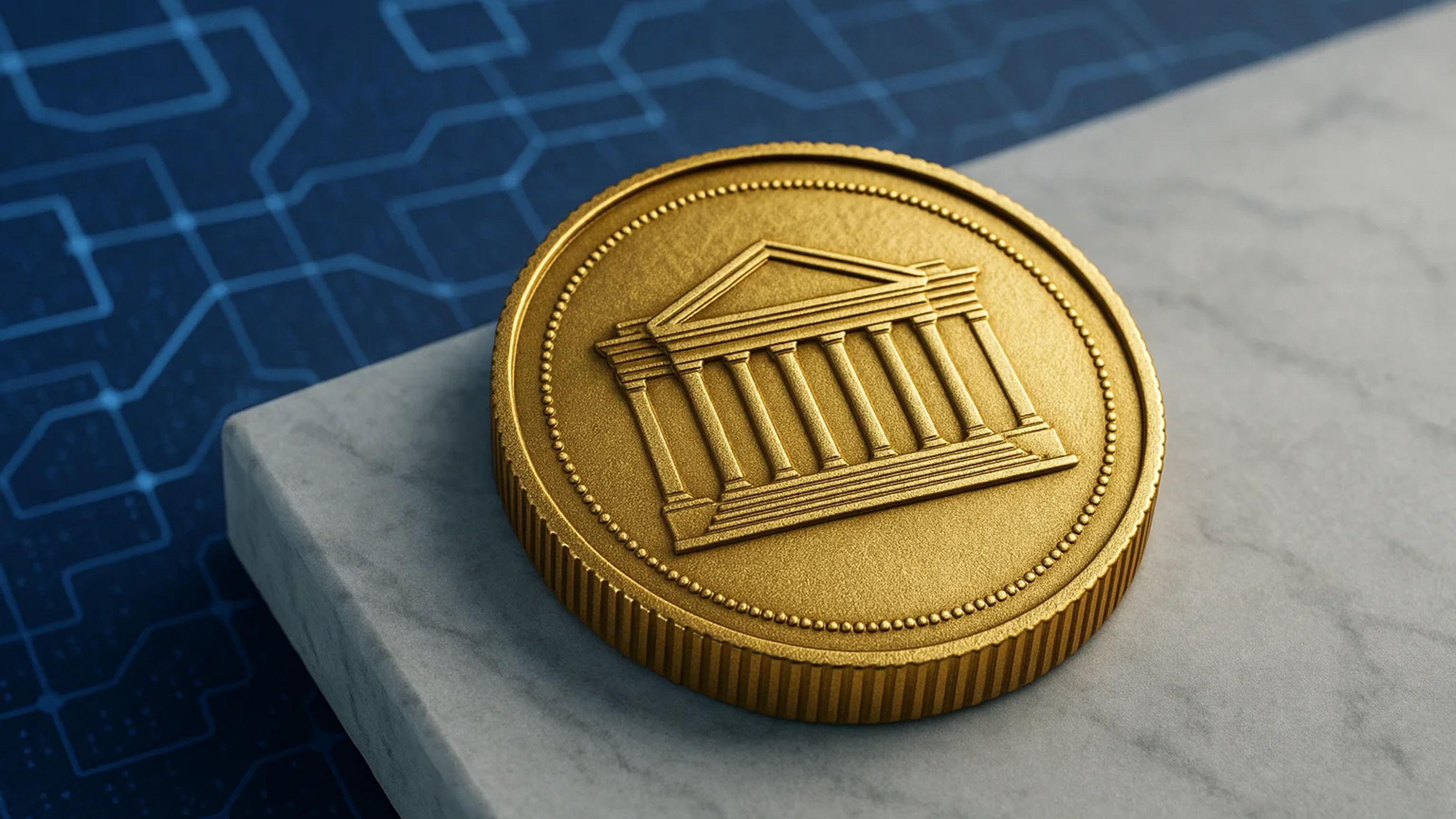 A gold coin with a building design on a marble