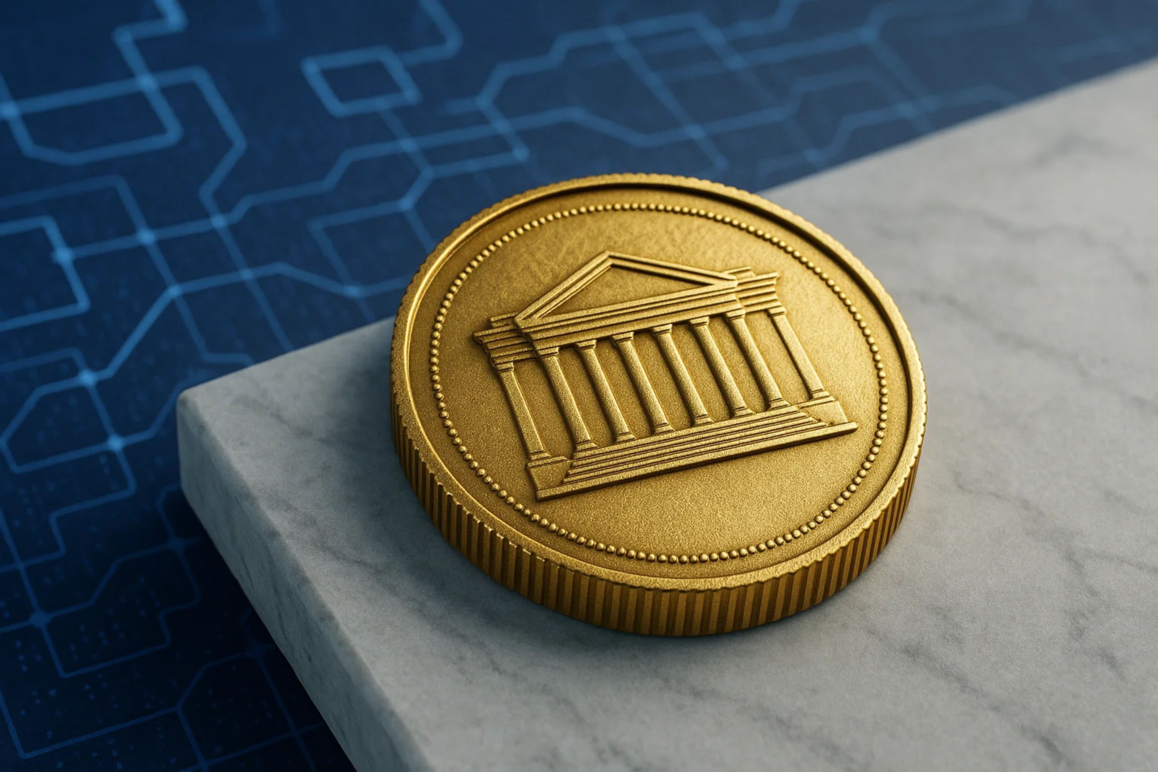 A gold coin with a building design on a marble