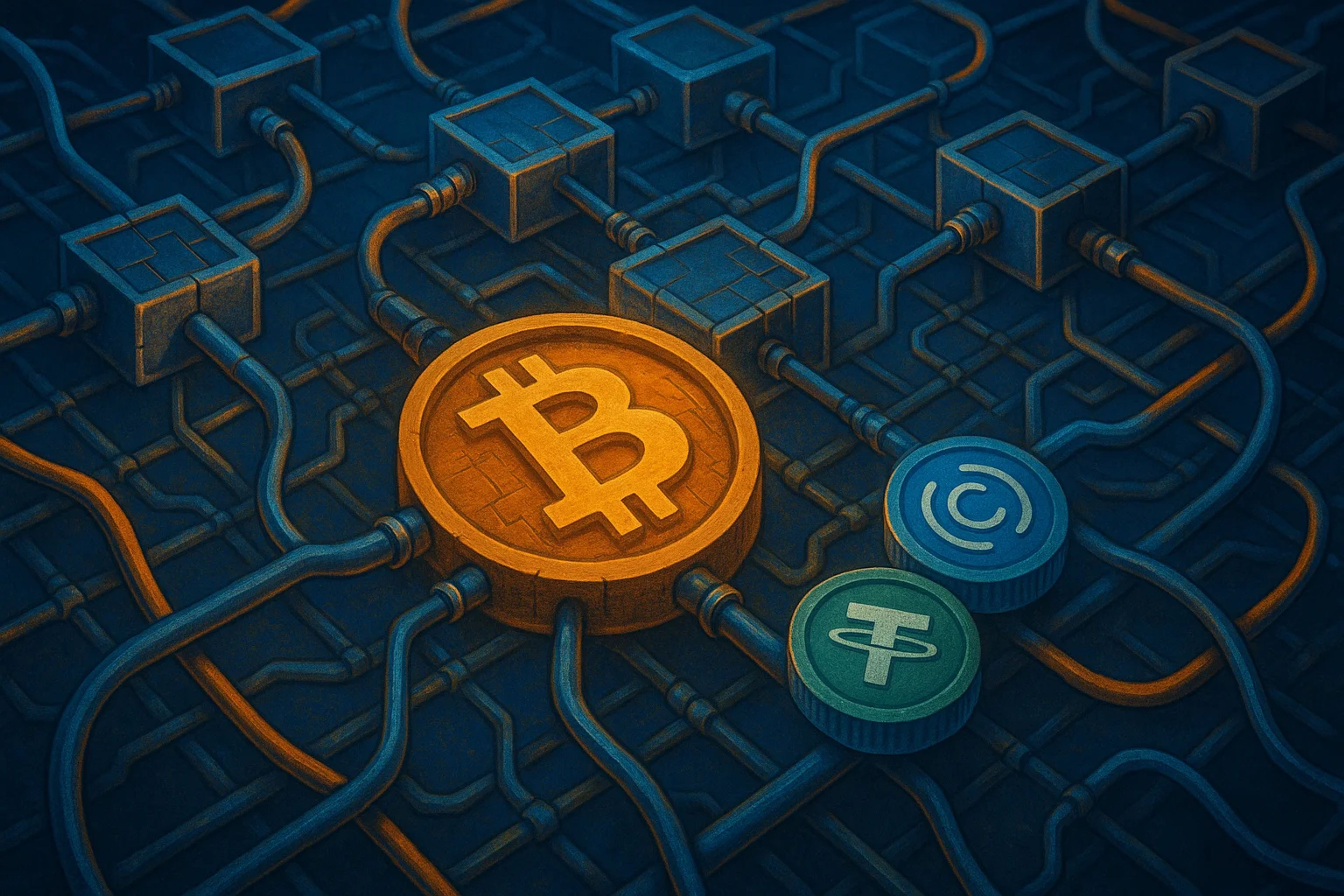 Interconnected digital currency symbols on a dark