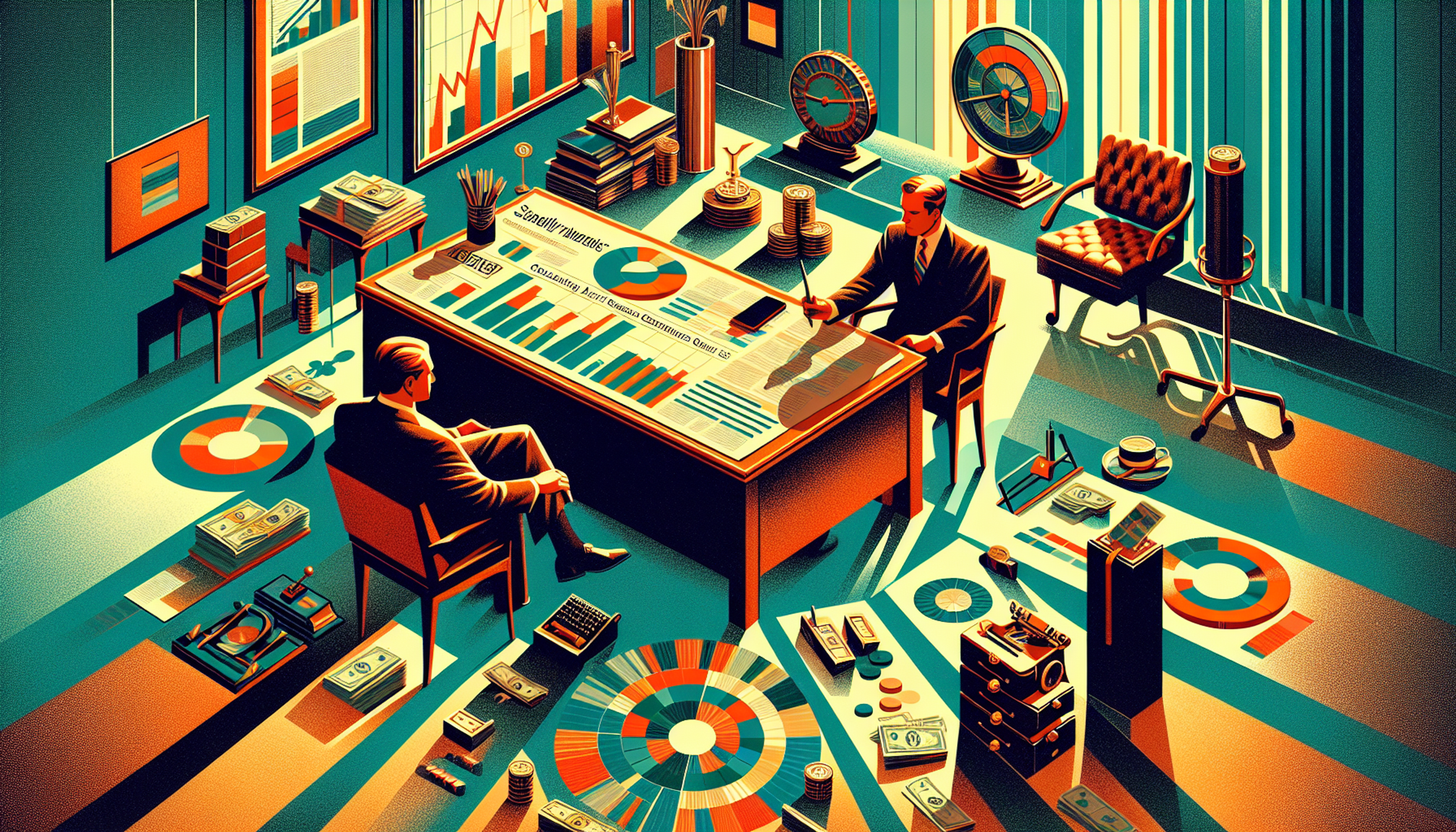 Two men seated at a table covered with charts and