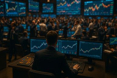 A busy trading floor with multiple screens