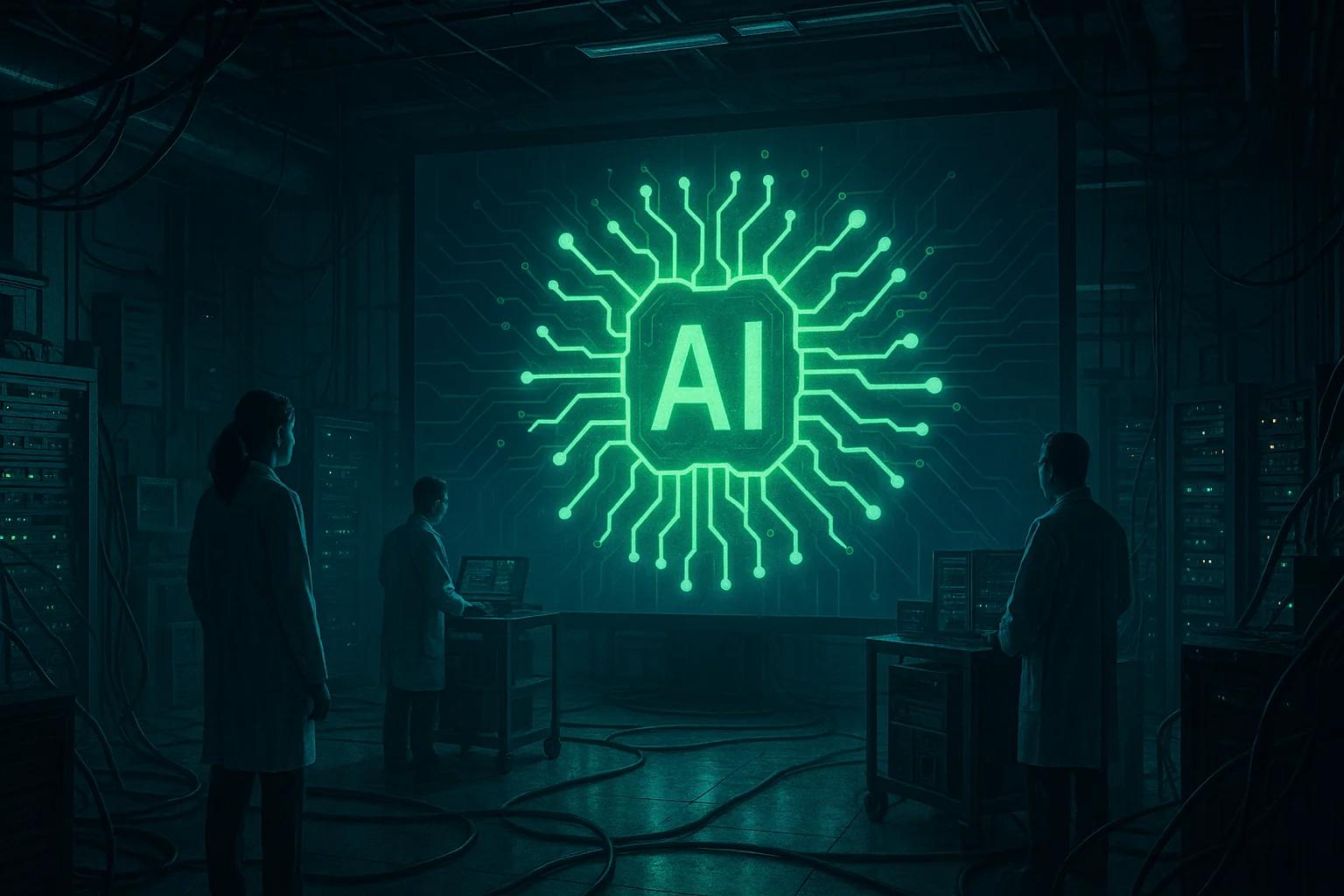 A dark room with a glowing green AI circuit