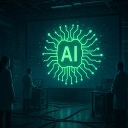 A dark room with a glowing green AI circuit