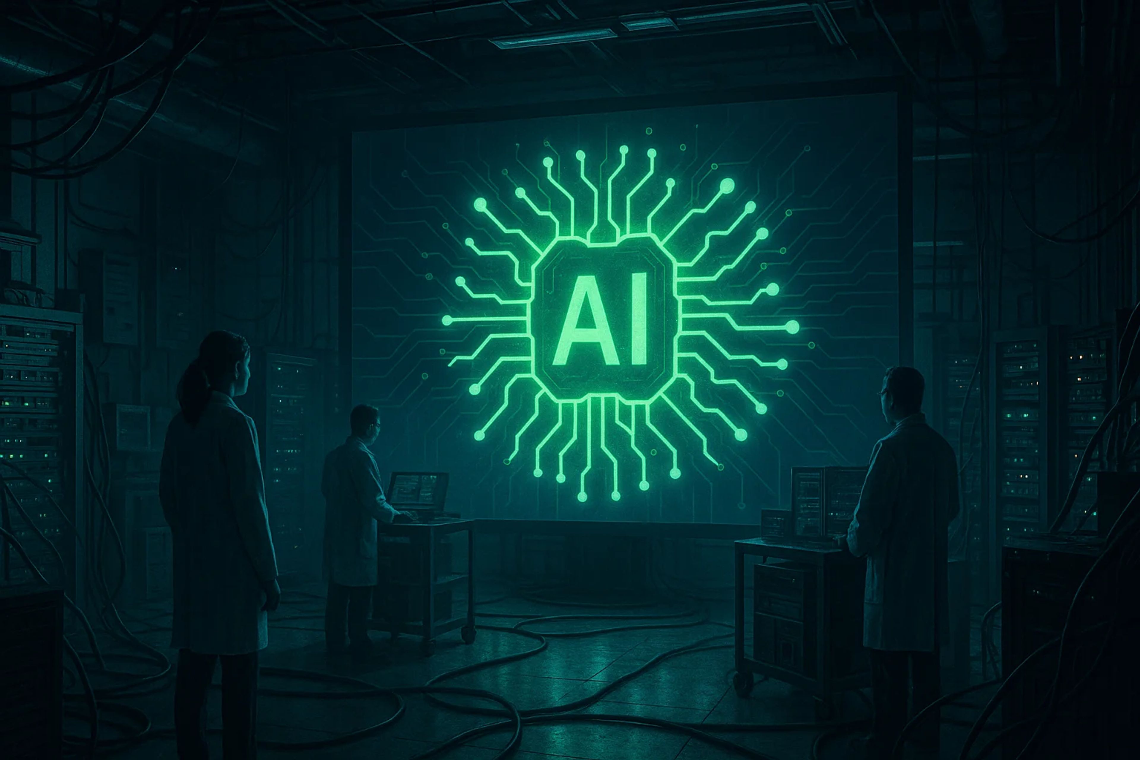 A dark room with a glowing green AI circuit