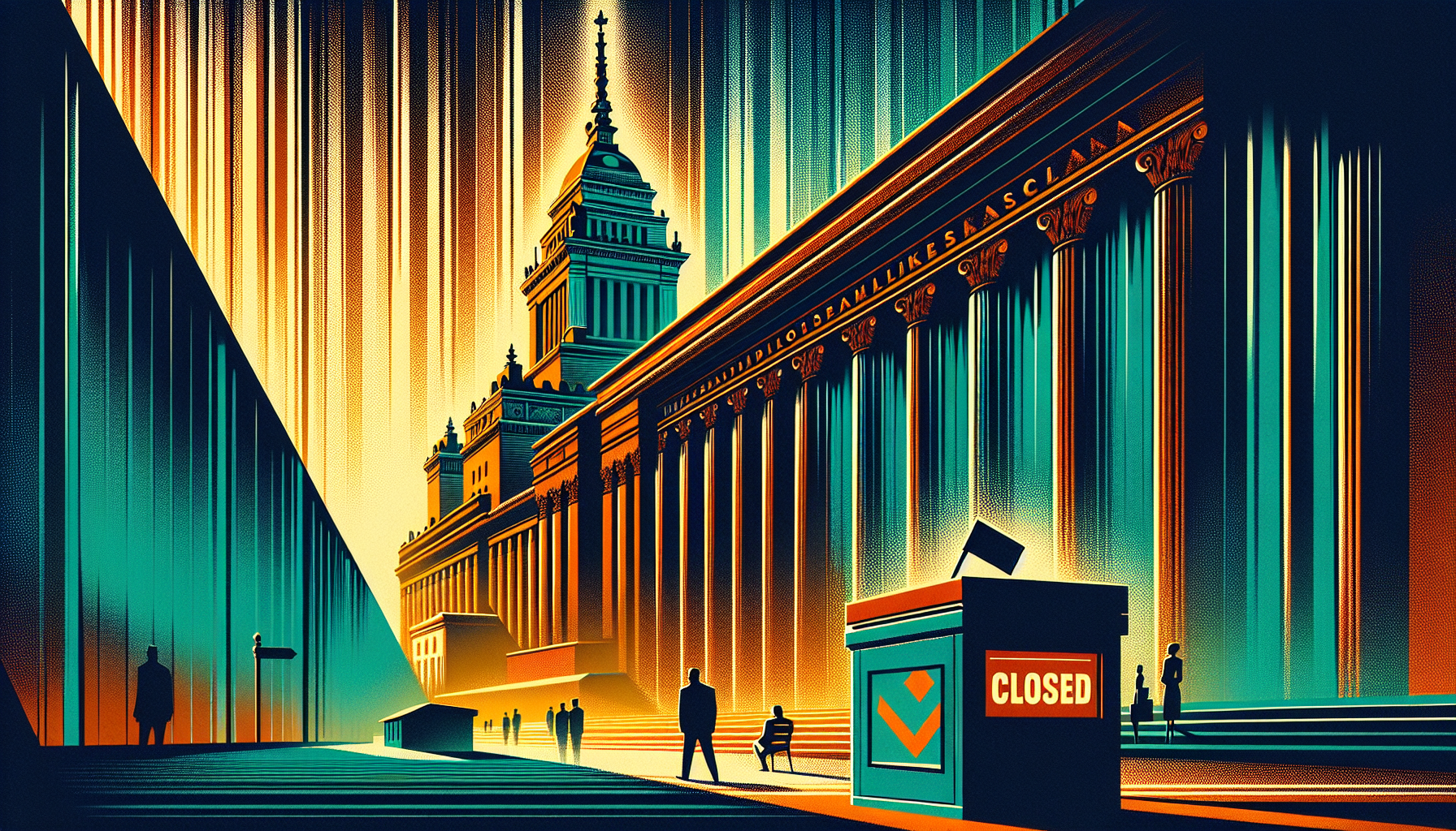 A stylized cityscape with a large building and a