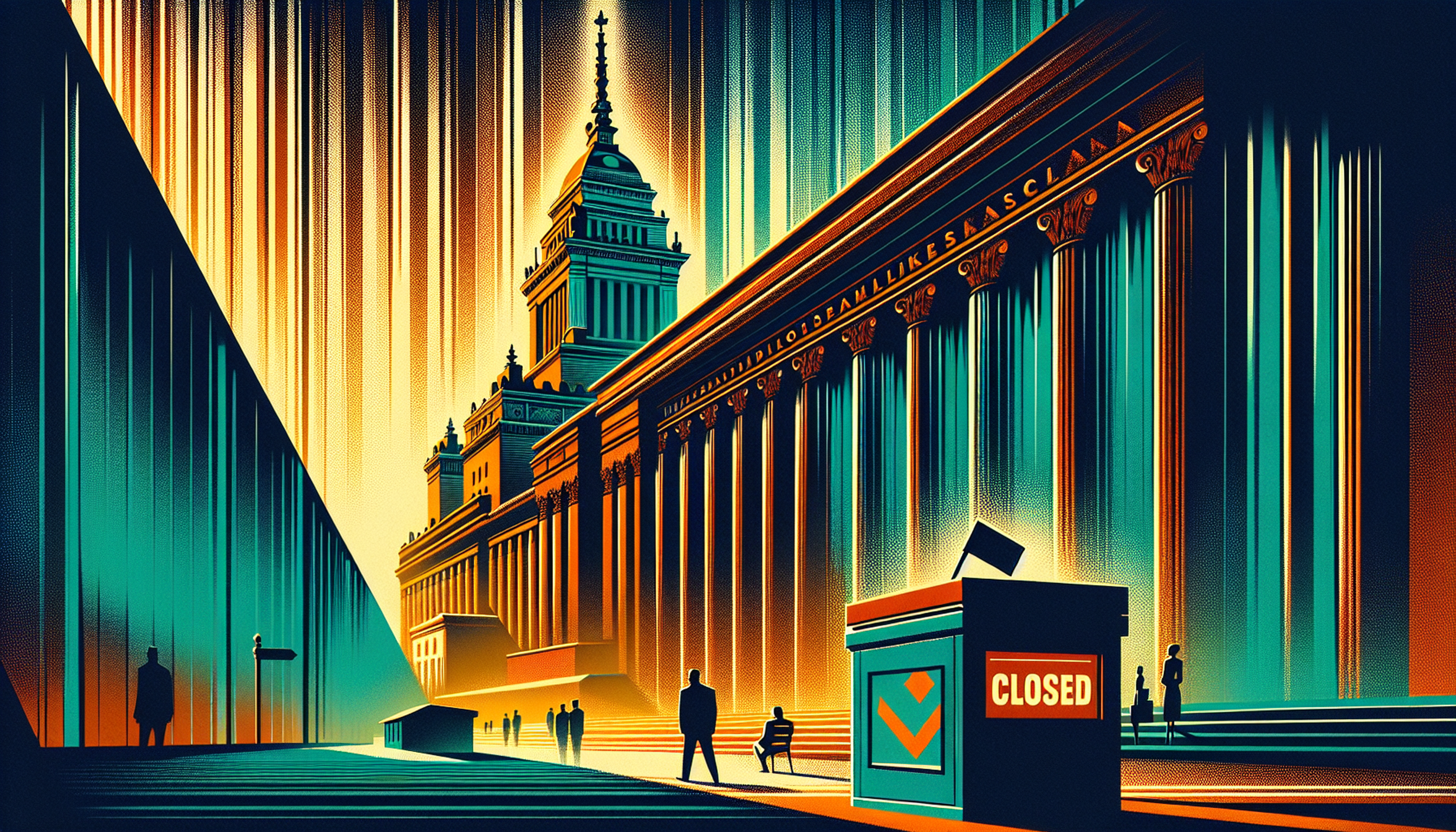 A stylized cityscape with a large building and a