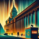 A stylized cityscape with a large building and a