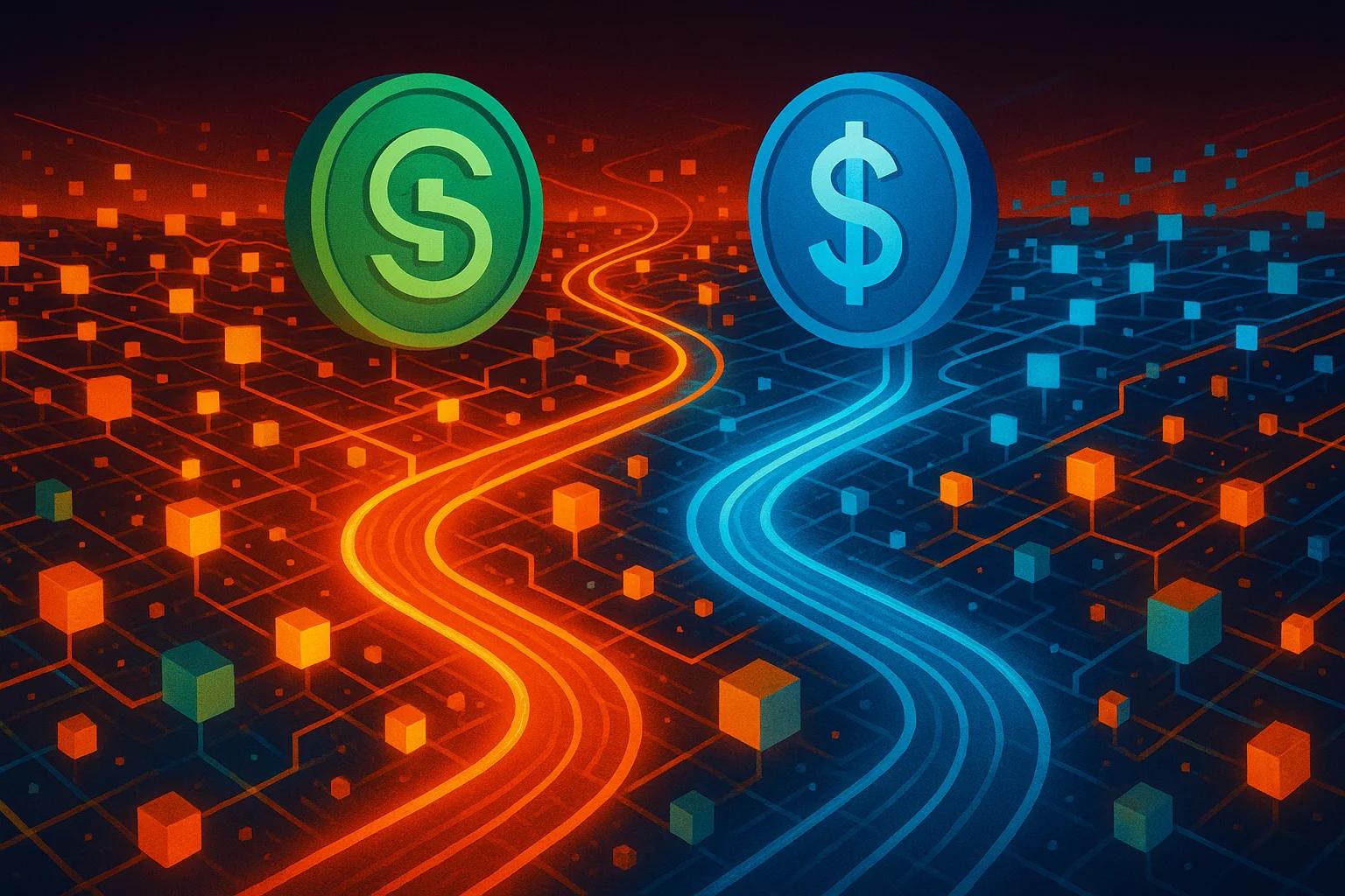 Two digital coins in green and blue on a network