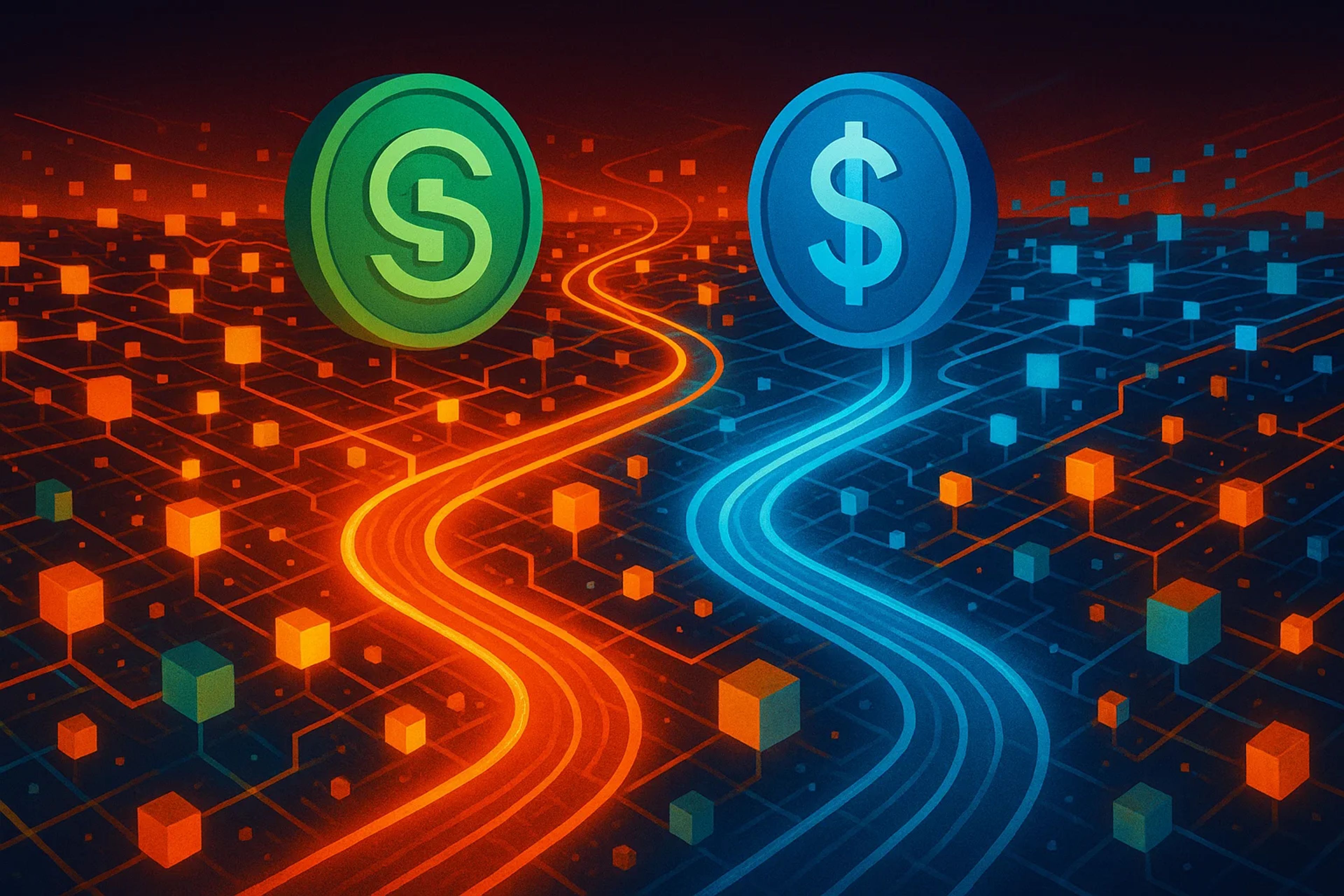 Two digital coins in green and blue on a network