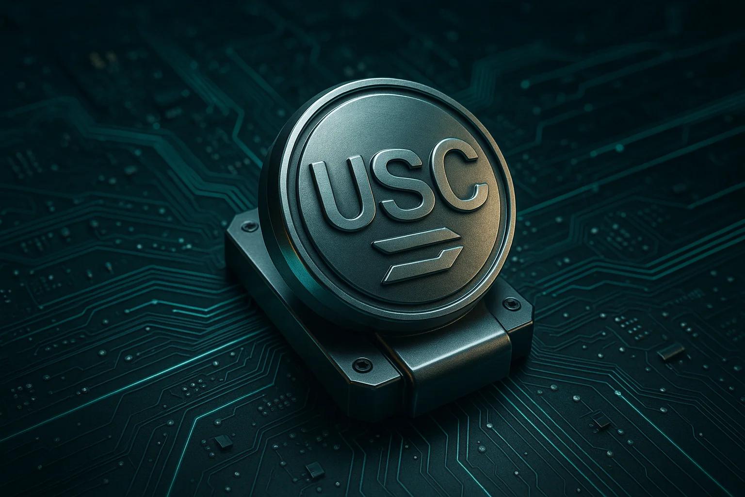 Metallic circular emblem on a circuit board