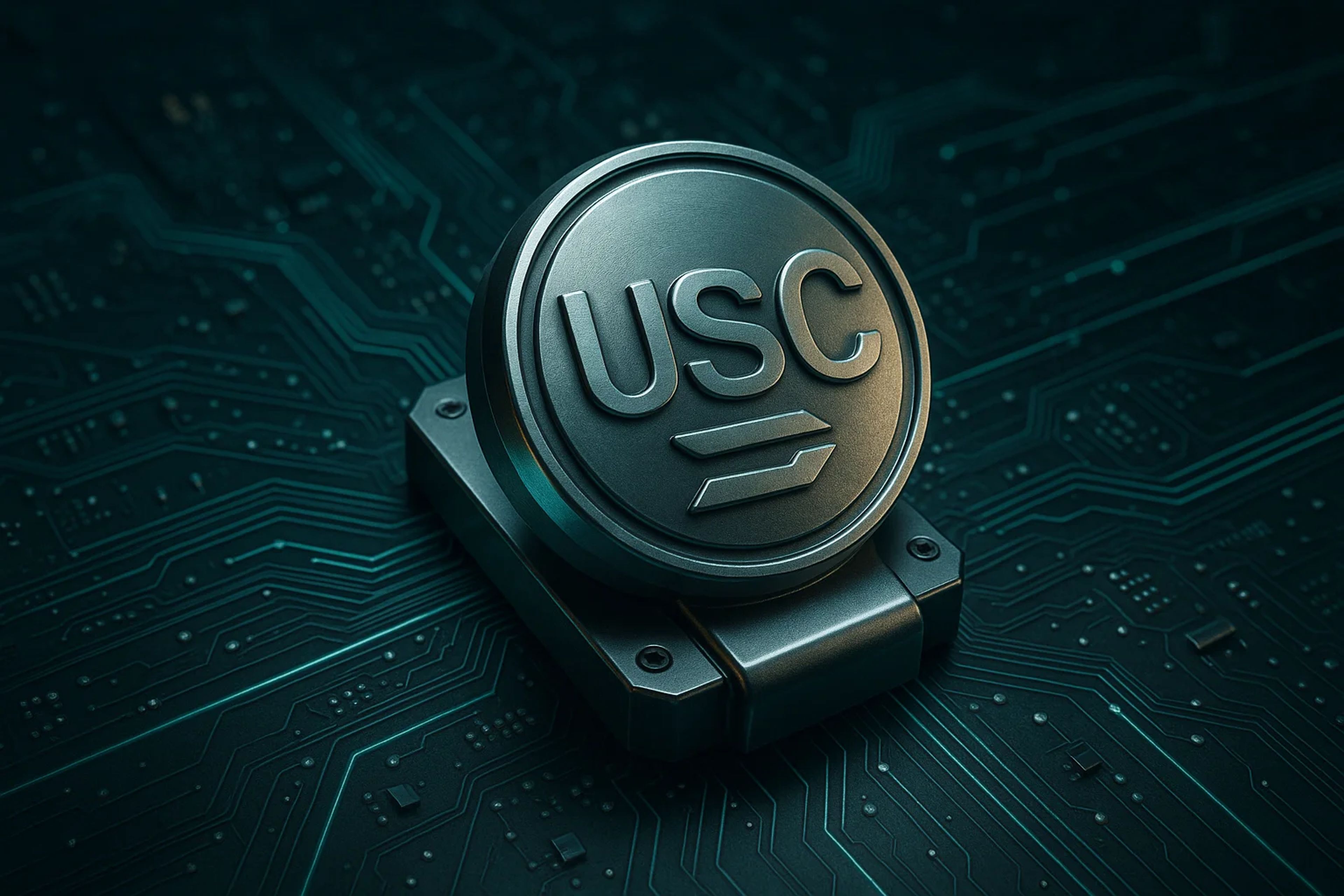 Metallic circular emblem on a circuit board
