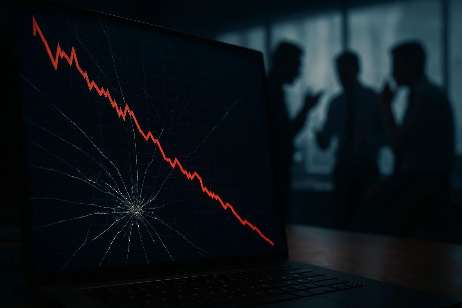 A laptop screen displays a downward trending