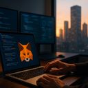A person typing on a laptop with a fox graphic
